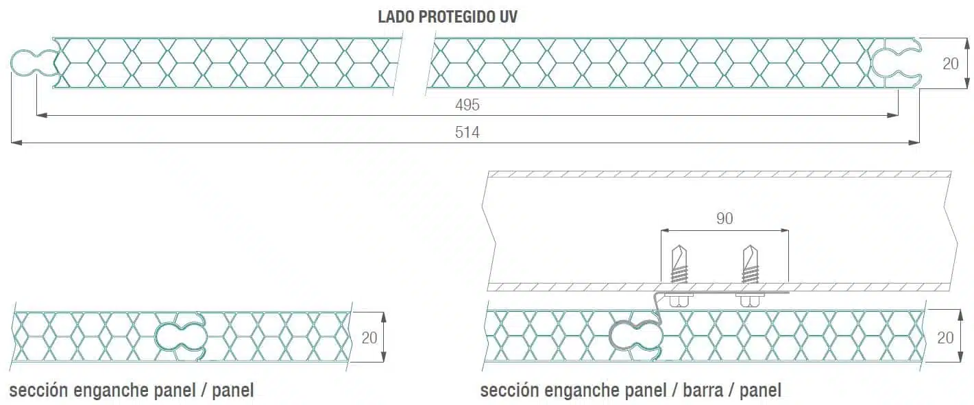 Policarbonato polivalente - fachada 7 Policarbonato polivalente para fachada: sección de 20 mm, módulo de 495 mm y sistema de enganche panel/panel y panel/barra/panel